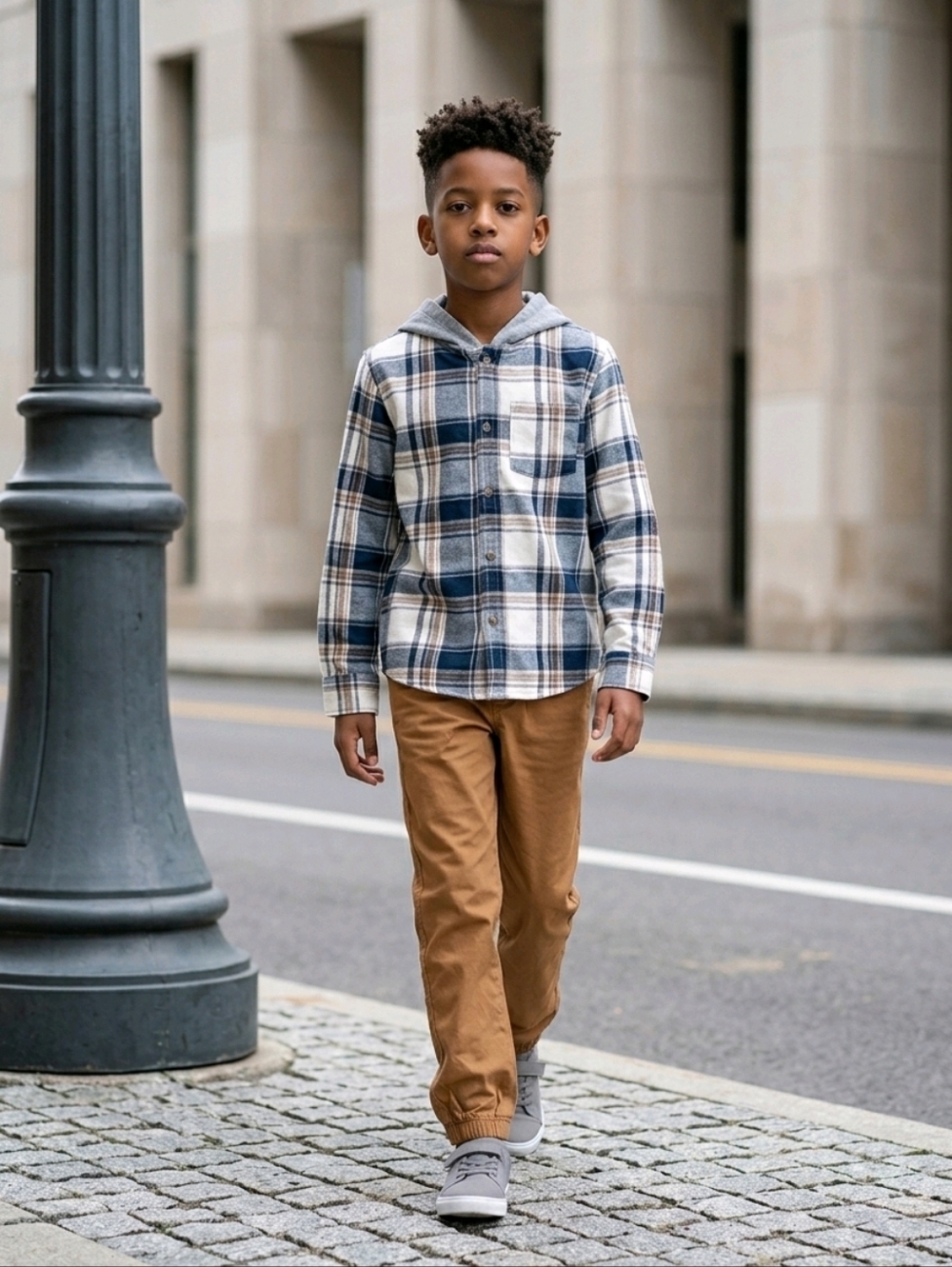 NWT Kids Headquarters 2 PC Hooded Plaid Shirt and Wheat Pants Set ~sz 7